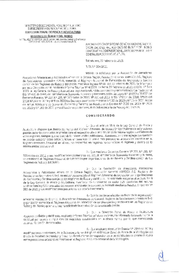 Res. Ex. N° 004-2021 (DZP Ñuble y del Biobío) Autoriza cesión Sardina Común y Anchoveta Región de Ñuble-Biobío (Publicado en Página Web 23-02-2021)