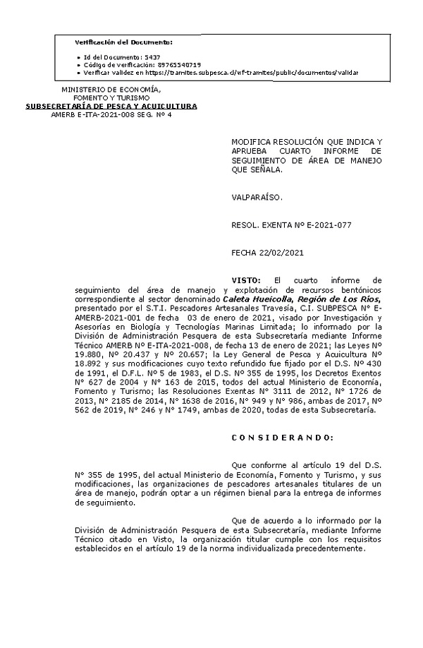 RESOL. EXENTA Nº E-2021-077 Modifica Resolución que Indica. Aprueba 4° Seguimiento. (Publicado en Página Web 23-02-2021)