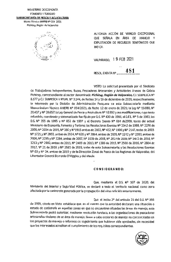 Res. Ex. N° 481-2021 Autoriza acción de manejo excepcional que señala. (Publicado en Página Web 23-02-2021)