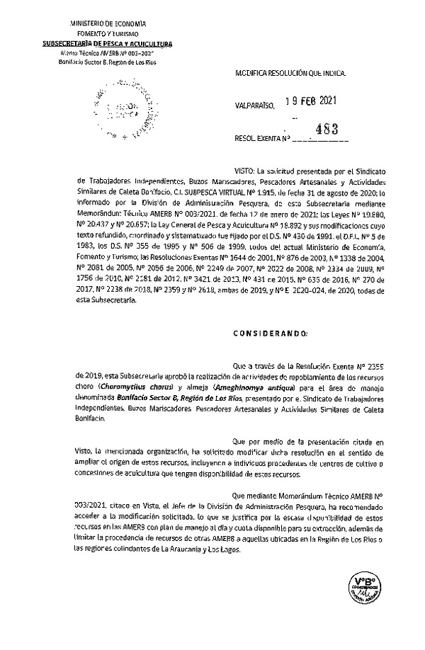 Res. Ex. N° 483-2021 Modifica Resolución que indica. (Publicado en Página Web 23-02-2021)