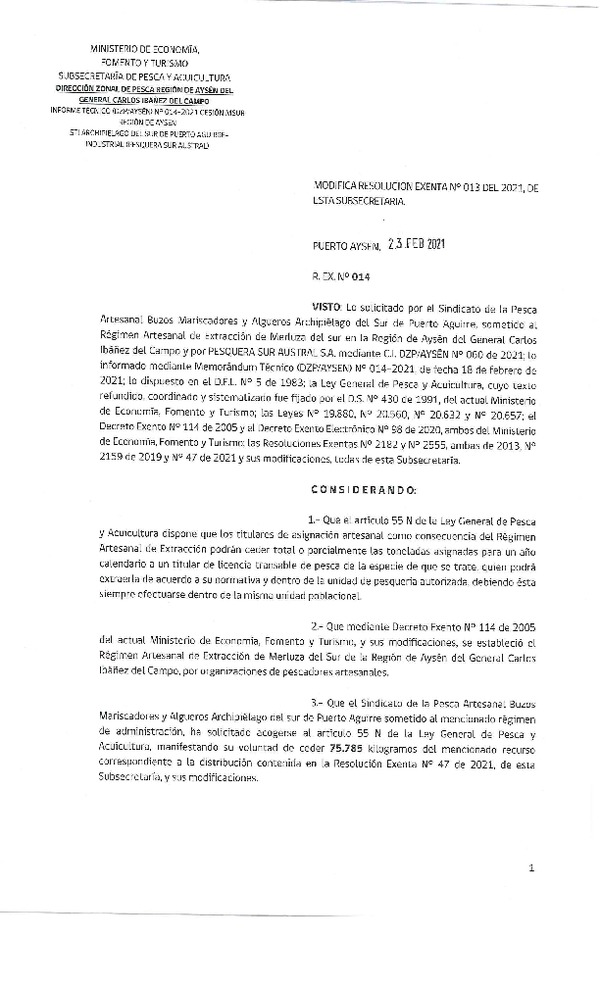 Res. Ex. N° 014-2021 Modifica Res. Ex. N° 013-2021 (DZP Región de Aysén) Autoriza cesión Merluza del Sur. (Publicado en Página Web 23-02-2021)