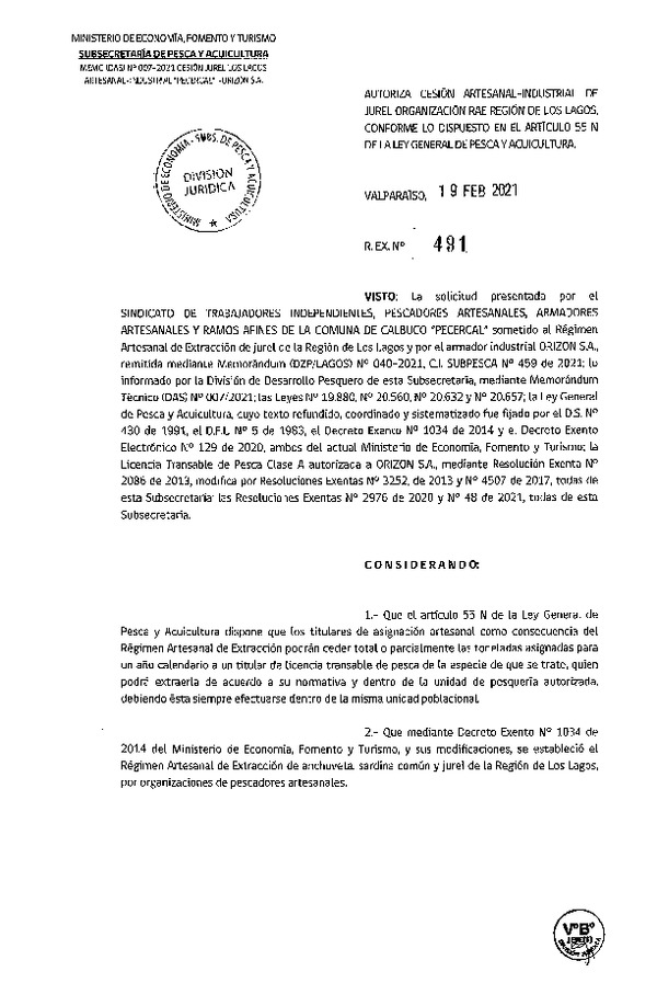 Res Ex N° 491-2021, Autoriza Cesión de Jurel Región de Los Lagos. (Publicado en Página Web 23-02-2021).