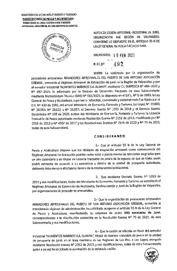 Res Ex N° 492-2021, Autoriza Cesión de Jurel Región de Valparaíso. (Publicado en Página Web 23-02-2021).