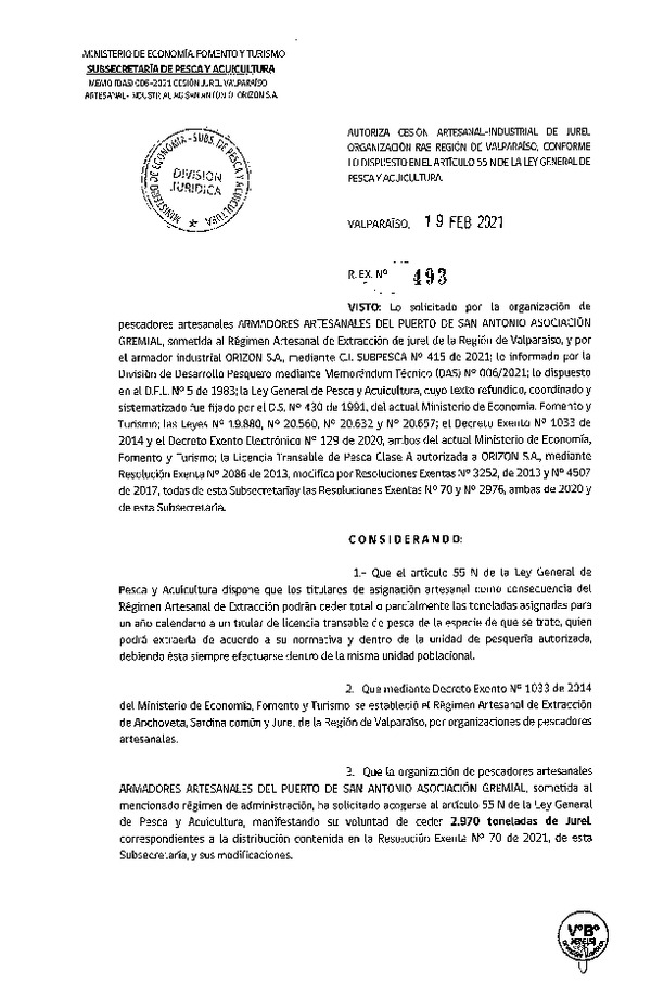 Res Ex N° 493-2021, Autoriza Cesión de Jurel Región de Valparaíso. (Publicado en Página Web 23-02-2021).