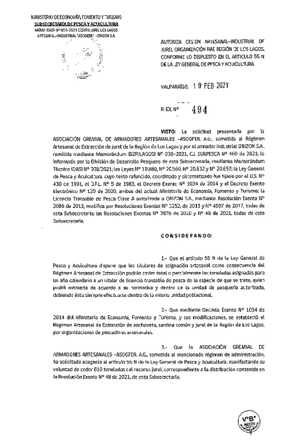 Res Ex N° 494-2021, Autoriza Cesión de Jurel Región de Los Lagos. (Publicado en Página Web 23-02-2021).