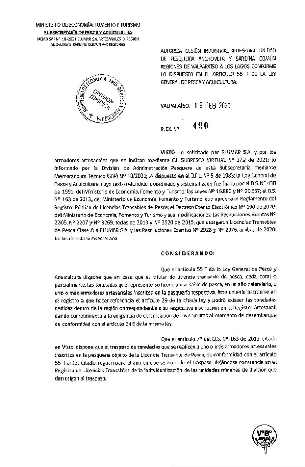 Res. Ex. N° 490-2021 Autoriza cesión pesquería Anchoveta y Sardina común, Regiones de Valparaíso a Los Lagos. (Publicado en Página Web 23-02-2021)
