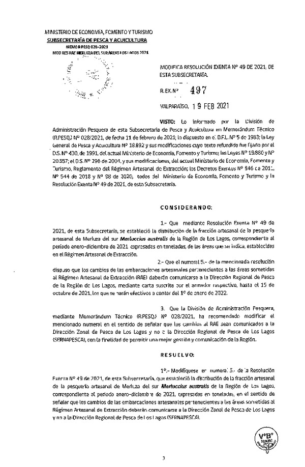 Res. Ex. 497-2021 Modifica Res. Ex. N° 49-2021 Establece Distribución de la Fracción Artesanal de Pesquería de Merluza del Sur por Área en la Región de Los Lagos, Año 2021. (Publicado en Página Web 23-02-2021)