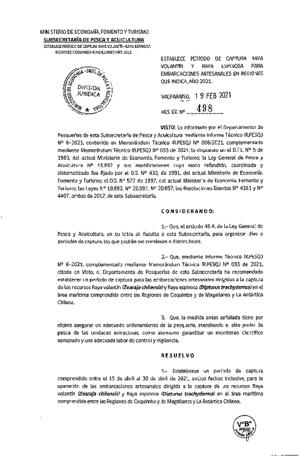 Res. Ex. N° 498-2021 Establece Periodo de Captura para raya Volantín y Raya Espinosa, Año 2021. (Publicado en Página Web 23-02-2021)