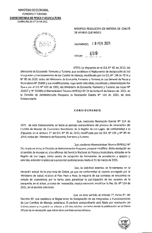 Res. Ex. N° 499-2021 Modifica Res. Ex. N° 114-2021 Inicia Período Extraordinario del Proceso de Renovación de Miembros del Comité de Manejo de Crustáceos Bentónicos en la Región de Los Lagos. (Publicado Página Web 23-02-2021)