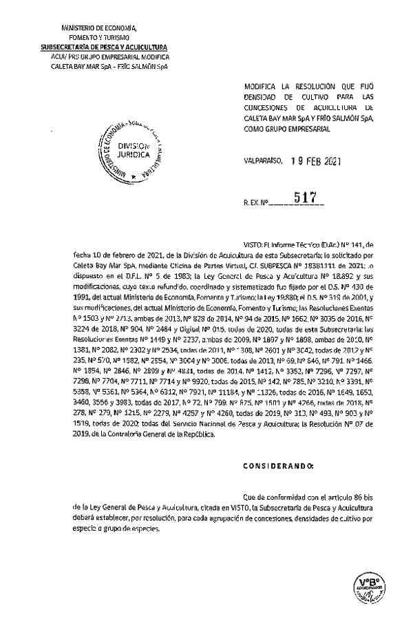 Res. Ex. N° 517-2021 Modifica Res. Ex. N° DIG 015-2020, Fija densidad de cultivo para las concesiones de acuicultura de titularidad de Caleta Bay Mar SpA y Frío Salmón SpA Como Grupo Empresarial. (Publicado en Página Web 23-02-2021).