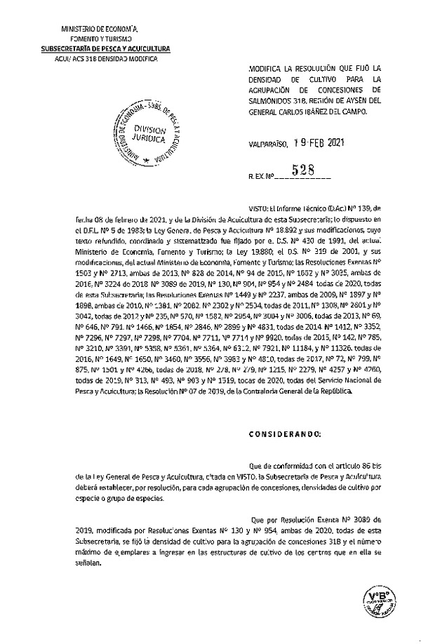 Res. Ex. N° 528-2021 Modifica Res. Ex. N° 3089-2019 Fija Densidad de Cultivo para la Agrupación de Concesiones de Salmónidos 31B, Región de Aysén del General Carlos Ibañez del Campo. (Publicado en Página Web 23-02-2021)