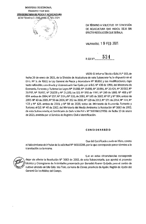 Res. Ex. N° 524-2021 Da término a procedimientos de solicitudes de modificación de concesiones de acuicultura que indica. Deja sin efecto Resolución que señala.