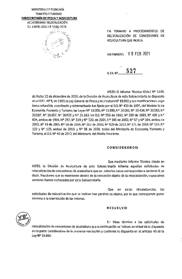 Res. Ex. N° 527-2021 Da término a procedimientos de relocalización de concesiones de acuicultura que indica.