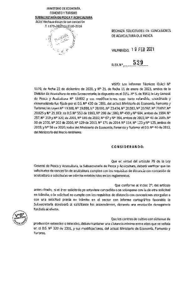 Res. Ex. N° 529-2021 Rechaza solicitudes de concesiones de acuicultura que indica.