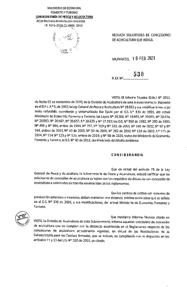 Res. Ex. N° 530-2021 Rechaza solicitudes de concesiones de acuicultura que indica.