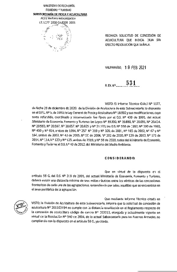 Res. Ex. N° 531-2021 Rechaza solicitudes de concesión de acuicultura que indica. Deja sin efecto Resolución que señala.