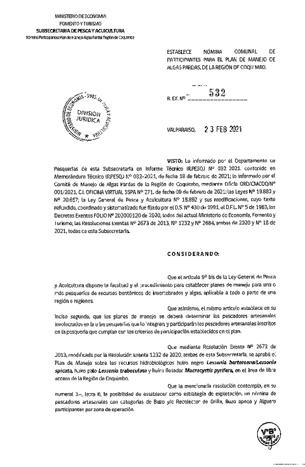 Res. Ex. Nº 532-2021 Establece Nómina Comunal de Participantes Para el Plan de Manejo de Algas Pardas, Región de Coquimbo. (Publicado en Página Web 24-02-2021)