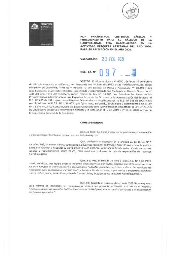 Res. Ex. N° 097-2021 (Sernapesca) Fija parámetros, criterios básicos y procedimiento para el cálculo de la habitualidad. Fija habitualidad en la actividad pesquera artesanal del año 2020, para su aplicación en el año 2021. (Publicado en Página Web 24-02-2021)