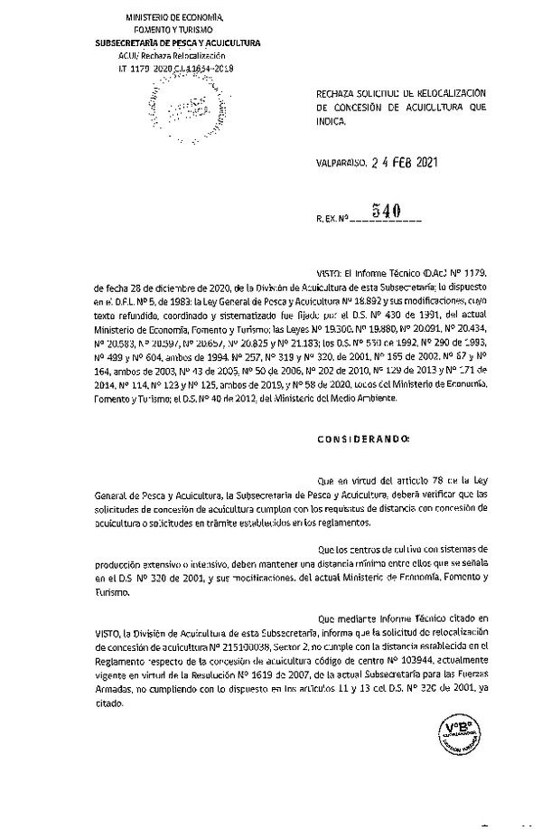 Res. Ex. N° 540-2021 Rechaza solicitud de relocalización de concesión de acuicultura que indica.