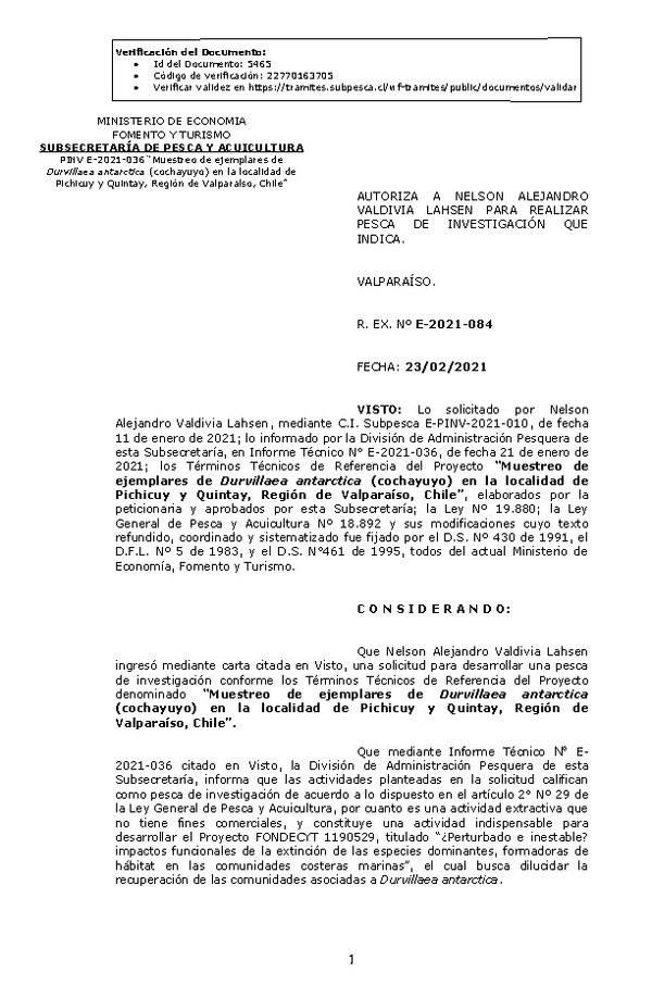 R. EX. Nº E-2021-084 Muestreo de ejemplares de Durvillaea antarctica (cochayuyo) en la localidad de Pichicuy y Quintay, Región de Valparaíso, Chile. (Publicado en Página Web 25-02-2021)