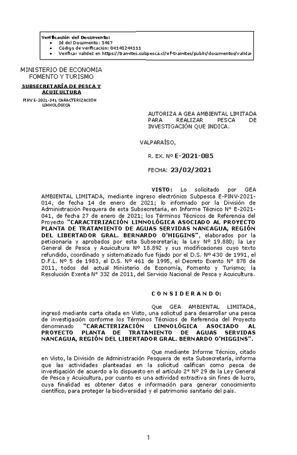 R. EX. Nº E-2021-085 CARACTERIZACIÓN LIMNOLÓGICA ASOCIADO AL PROYECTO PLANTA DE TRATAMIENTO DE AGUAS SERVIDAS NANCAGUA, REGIÓN DEL LIBERTADOR GRAL. BERNARDO O'HIGGINS. (Publicado en Página Web 25-02-2021)