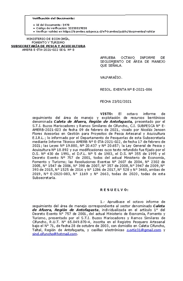 Res Ex N° E-2020-086, Aprueba 9° seguimiento. (Publicado en Página Web 25-02-2021).