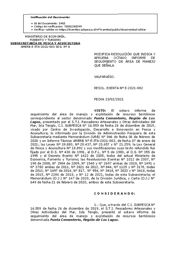 Res Ex N° E-2020-082, Modifica Resolución que indica y  Aprueba 8° seguimiento. (Publicado en Página Web 25-02-2021).