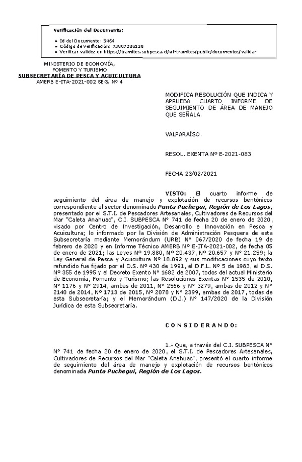 Res Ex N° E-2020-083, Modifica Resolución que indica y  Aprueba 4° seguimiento. (Publicado en Página Web 25-02-2021).