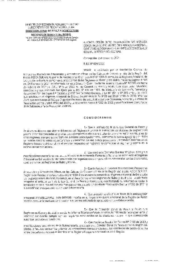 Res. Ex. N° 006-2021 (DZP Ñuble y del Biobío) Autoriza cesión Merluza Común. (Publicado en Página Web 25-02-2021)