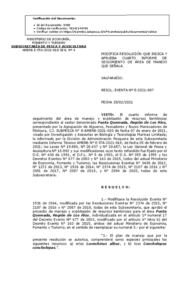 RESOL. EXENTA Nº E-2021-087 Modifica Resolución que Indica y Aprueba 4° Seguimiento. (Publicado en Página Web 25-02-2021)