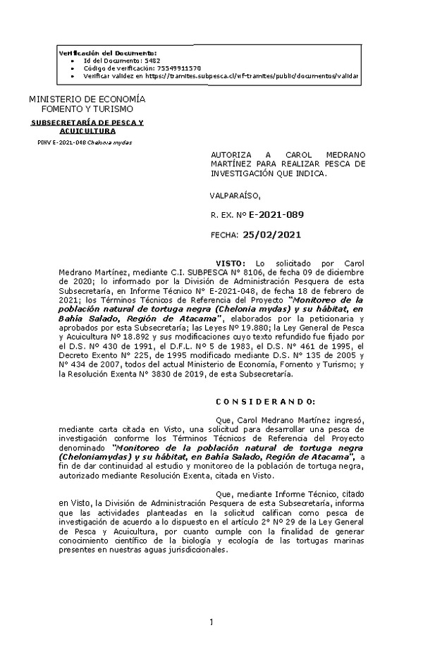RESOL. EXENTA Nº E-2021-089 Monitoreo de la población natural de tortuga negra (Chelonia mydas) y su hábitat, en Bahía Salado, Región de Atacama. (Publicado en Página Web 25-02-2021)
