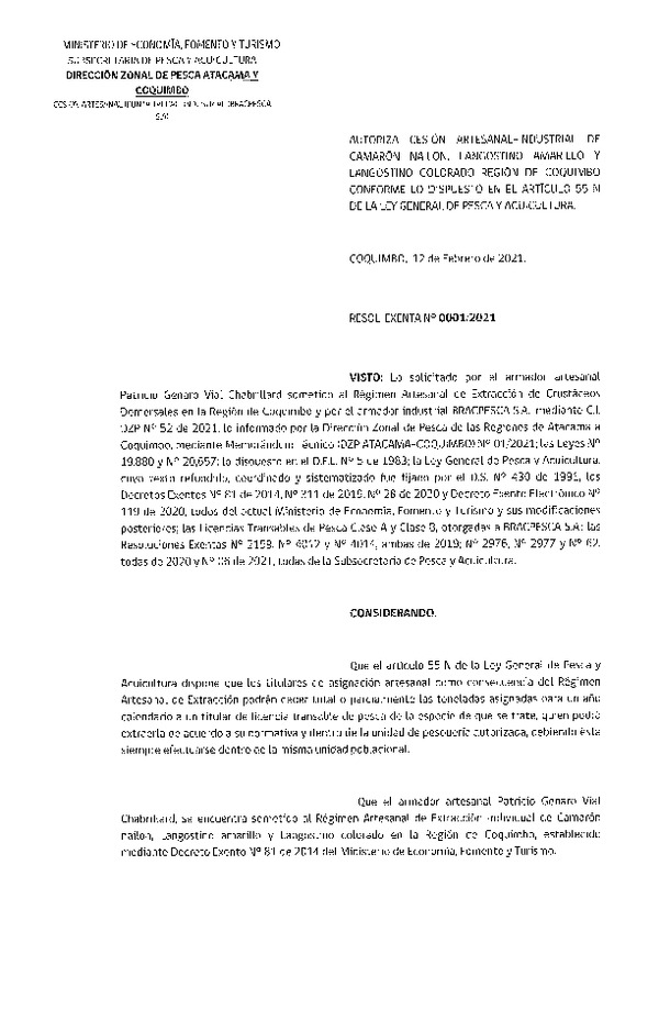 Res. Ex. N° 01-2021 (DZP Atacama y Coquimbo) Autoriza Cesión de Camarón Nailon, Langostino Amarillo y Langostino Colorado, Región de Coquimbo. (Publicado en Página Web 26-02-2021)