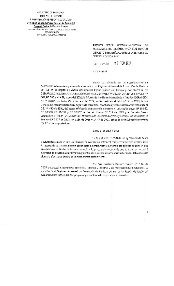 Res. Ex. N° 015-2021 (DZP Región de Aysén) Autoriza cesión Merluza del Sur. (Publicado en Página Web 01-03-2021)