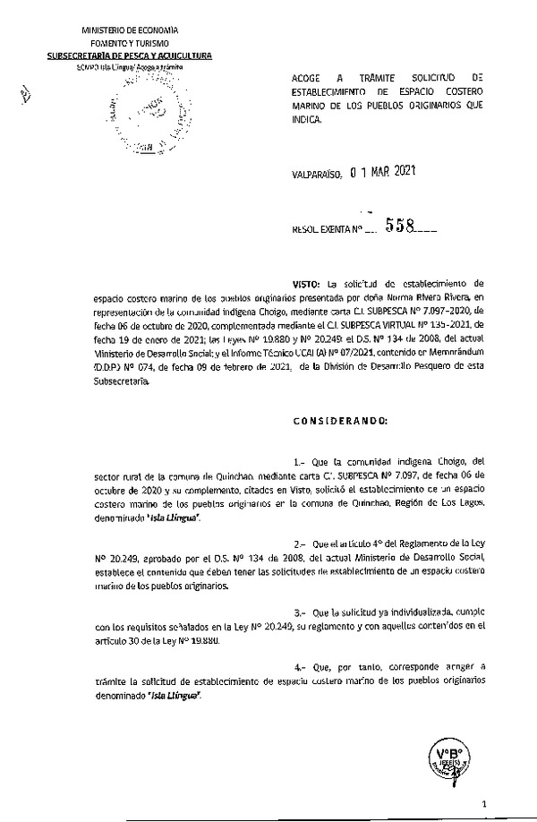 Res. Ex. N° 558-2021 Acoge a trámite solicitud de establecimiento de ECMPO Isla Llingua. (Publicado en Página Web 02-03-2021)