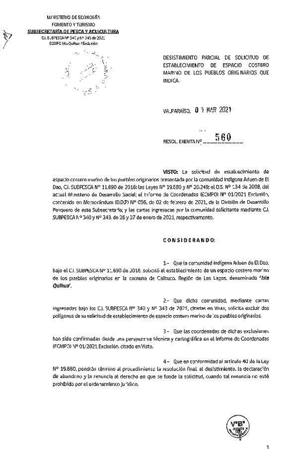 Res. Ex. N° 560-2021 Desistimiento parcial de solicitud de ECMPO Isla Quihua. (Publicado en Página Web 02-03-2021)