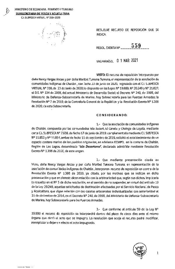 Res. Ex. N° 559-2021 Resuelve recurso de reposición que se indica. (Publicado en Página Web 02-03-2021)