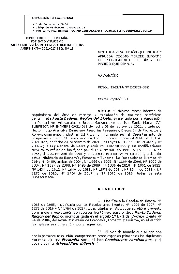 Res Ex N° E-2021-092, Modifica resolución que indica y Aprueba 13° seguimiento. (Publicado en Página Web 02-03-2021).