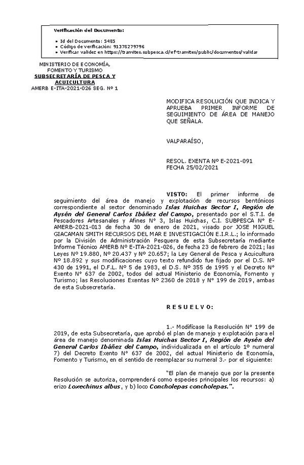 Res Ex N° E-2021-091, Modifica resolución que indica y Aprueba 1° seguimiento. (Publicado en Página Web 02-03-2021).