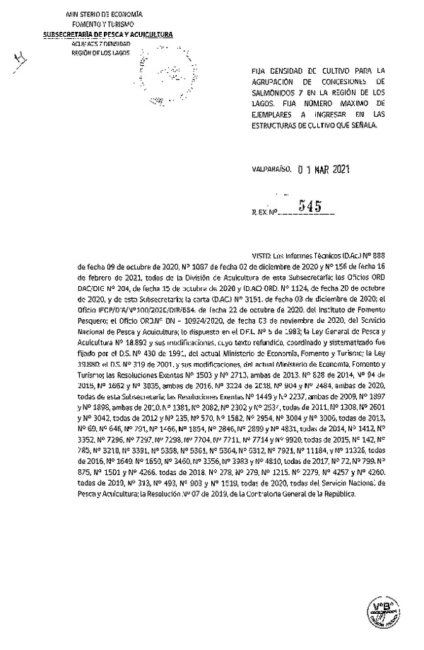 Res. Ex N° 545-2021 Fija densidad de cultivo para la agrupación de concesiones de de Salmónidos 7, Región de Los Lagos. (Con Informe Técnico) (Publicado en Página Web 02-03-2021).