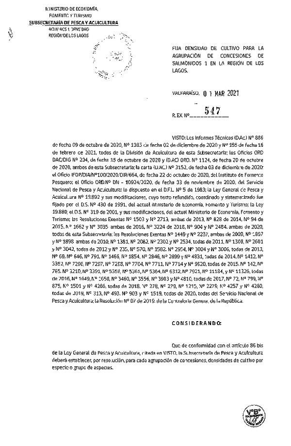 Res. Ex N° 547-2021 Fija densidad de cultivo para la agrupación de concesiones de Salmónidos 1, Región de Los Lagos. (Con Informe Técnico) (Publicado en Página Web 02-03-2021).