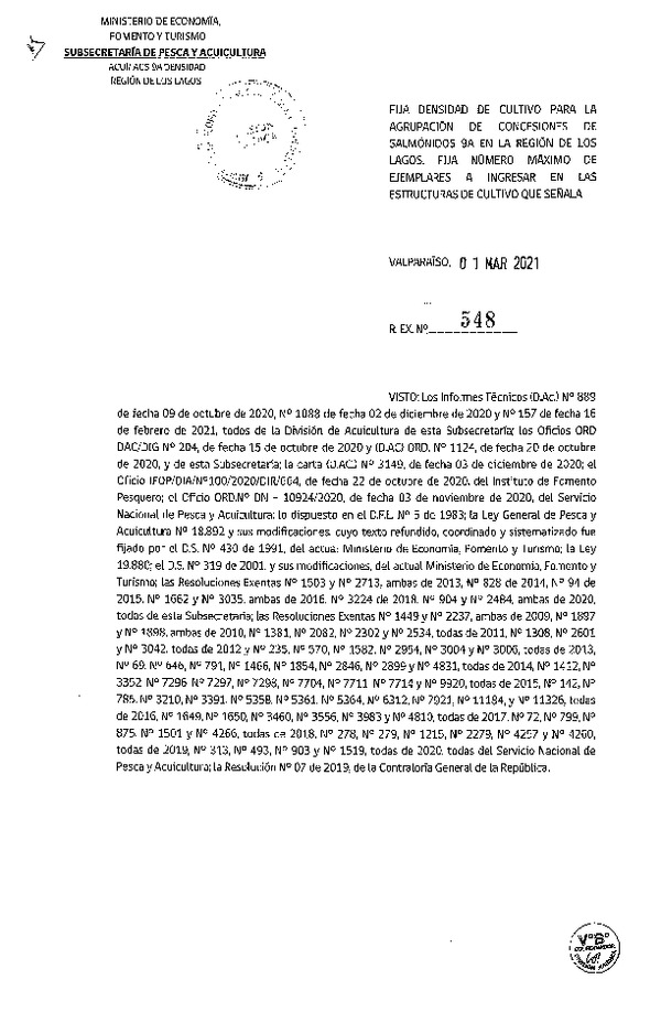 Res. Ex N° 548-2021 Fija densidad de cultivo para la agrupación de concesiones de Salmónidos 94A, Región de Los Lagos. (Con Informe Técnico) (Publicado en Página Web 02-03-2021).