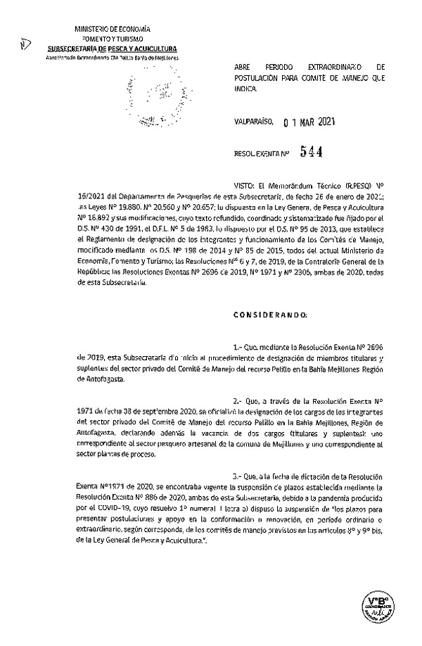 Res. Ex. N° 544-2021 Abre Período Extraordinario de Postulación para Comité de Manejo que Indica. (Publicado en Página Web 02-03-2021)