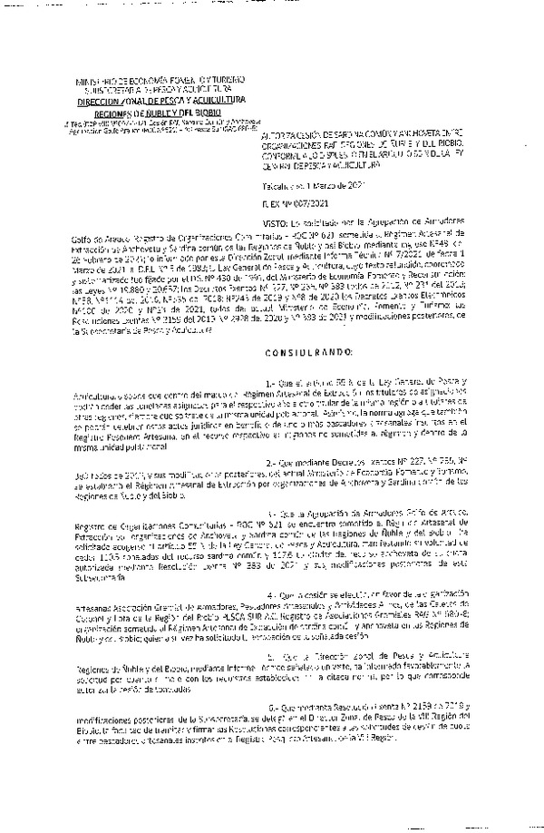Res. Ex. N° 007-2021 (DZP Ñuble y del Biobío) Autoriza cesión Sardina Común y Anchoveta Región de Ñuble-Biobío (Publicado en Página Web 02-03-2021)