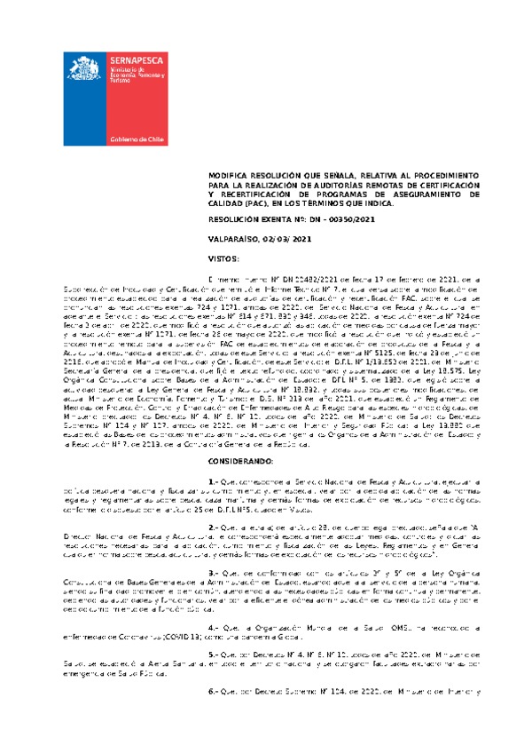 es. Ex. N° 350-2021, Modifica Res. Ex. N° 724-2020 (Sernapesca) Modifica Resolución que Autorizó, por Causa de Fuerza Mayor la Aplicación de Medidas que Indica. (Publicado en Página Web 03-03-2021)