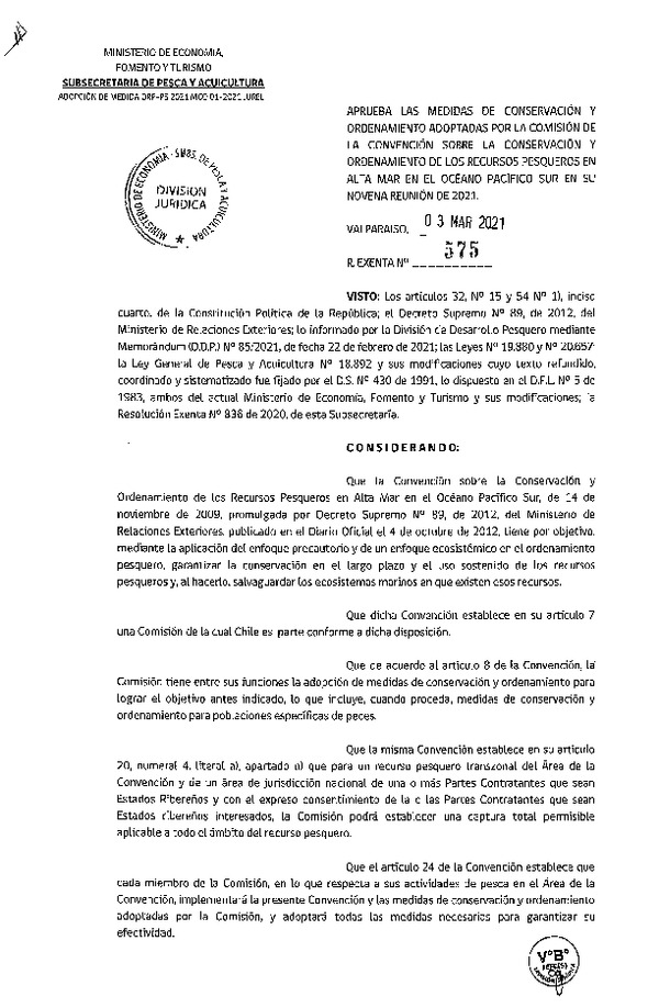 Res. Ex. N° 575-2020 Aprueba las Medidas de Conservación y Ordenamiento Adoptadas por la Comisión de la Convención Sobre la Conservación y Ordenamiento de los Recursos Pesqueros en Alta Mar en el Océano Pacífico sur en su Novena Reunión de 2021. (Publicado en Página Web 04-03-2021)