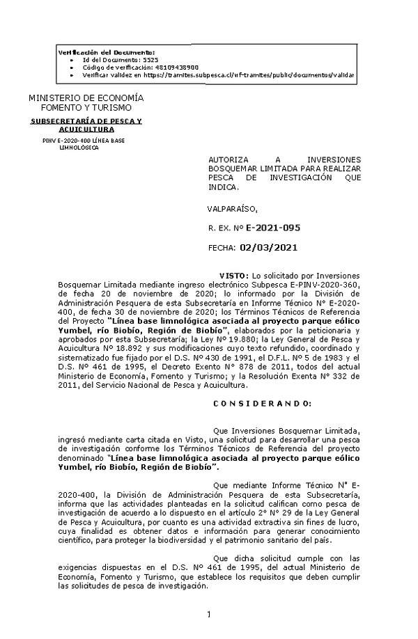 R. EX. Nº E-2021-095 Línea base limnológica asociada al proyecto parque eólico Yumbel, Río Biobío, Región de Biobío. (Publicado en Página Web 04-03-2021)