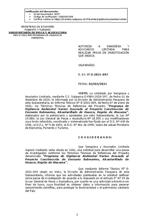 R. EX. Nº E-2021-097 Programa de Vigilancia Ambiental Marino Asociado al Proyecto Construcción de Emisario Submarino, Alcantarillado de Huasco, Región de Atacama. (Publicado en Página Web 04-03-2021)