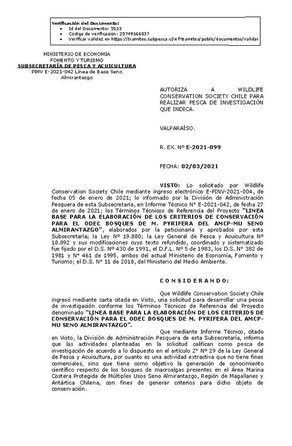 R. EX. Nº E-2021-099 LINEA BASE PARA LA ELABORACIÓN DE LOS CRITERIOS DE CONSERVACIÓN PARA EL ODEC BOSQUES DE M. PYRIFERA DEL AMCP-MU SENO ALMIRANTAZGO. (Publicado en Página Web 04-03-2021)