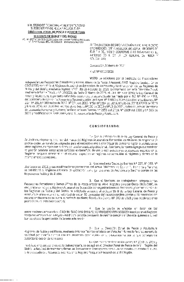 Res. Ex. N° 010-2021 (DZP Ñuble y del Biobío) Autoriza cesión Sardina Común y Anchoveta Región de Ñuble-Biobío (Publicado en Página Web 04-03-2021)