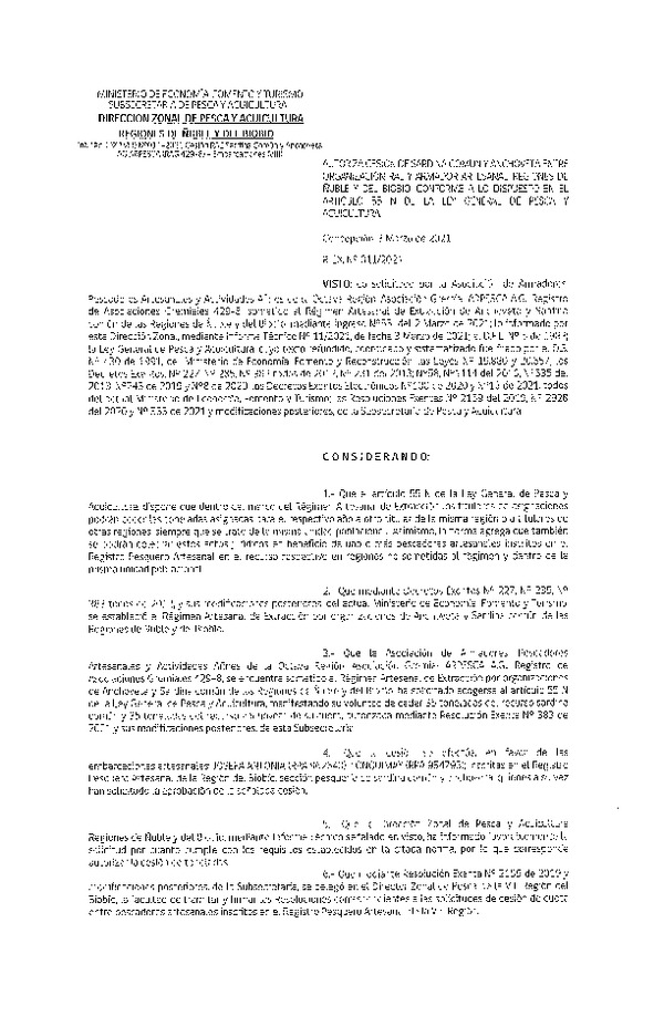 Res. Ex. N° 011-2021 (DZP Ñuble y del Biobío) Autoriza cesión Sardina Común y Anchoveta Región de Ñuble-Biobío (Publicado en Página Web 04-03-2021)